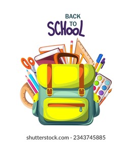 Back to school.A web banner with a backpack, books, paints, pens, pencils.School supplies.Vector illustration.