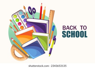 Back to school.A web banner with books, paints, pens, pencils.School supplies.Vector illustration.