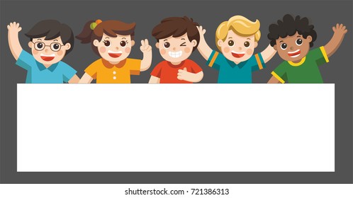 Back to school,Best friends happy smiling, hugging and waving their hands. Show a blank poster for your text on white frame.