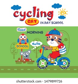 back to school/cat on the bicycle funny animal cartoon,vector illustration