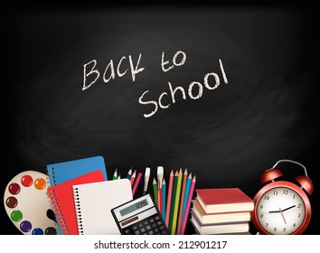 Back to school.Chalkboard with school supplies. Vector. 