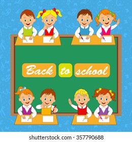 Back to school.children, boys and girl at the desk, illustration, vector