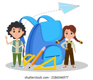 De vuelta a la escuela.Los niños se están preparando para ir a la escuela y están parados cerca de una gran cartera de documentos.Ilustración vectorial.