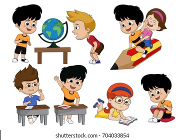 Back to school.Children's activity,looking a globe earth,riding a big pencil,friends took to answer the qusetion,reading a book.vector and illustration.