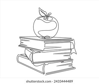 Back to school.Continuous one line drawing of apple above books stack minimalist vector illustration design on white background. Hand drawn graphic concept for education 