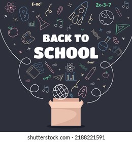 Back to school.Cute doodles coming out of the box.Flat vector illustration
