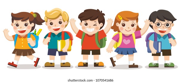 Back to school,Cute kids go to school , Set of diverse Kids and Different nationalities, isolated on white background. Isolated vector