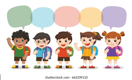 Back to school,Cute kids go to school with speech frame, Set of diverse Kids and Different nationalities with speech frame isolated on white background.