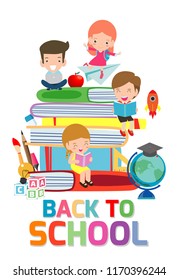 back to school,cute kids reading book, children with books, Happy Children while Reading Books, Vector Illustration on white background.education concept