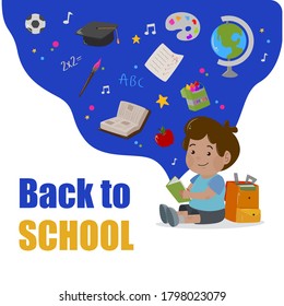 Back to school.Cute School Children. Creative design concept with school bag and education elements, books, pen, pencil, ruler, art and craft, galaxy. Vector illustration in cartoon style.