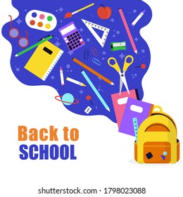Back to school.Cute School Children. Creative design concept with school bag and education elements, books, pen, pencil, ruler, art and craft, galaxy. Vector illustration in cartoon style.