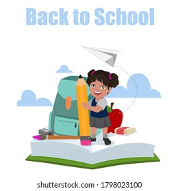 Back to school.Cute School Children. Creative design concept with school bag and education elements, books, pen, pencil, ruler, art and craft, galaxy. Vector illustration in cartoon style.