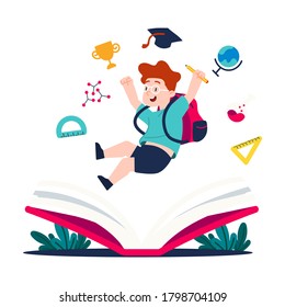 Back to school.Cute School Children. Creative design concept with school bag and education elements, books, pen, pencil, ruler, art and craft, galaxy. Vector illustration in cartoon style.
