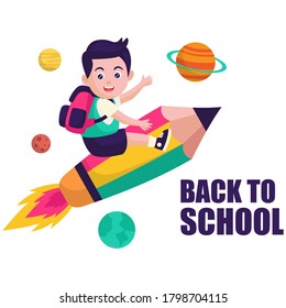 Back to school.Cute School Children. Creative design concept with school bag and education elements, books, pen, pencil, ruler, art and craft, galaxy. Vector illustration in cartoon style.