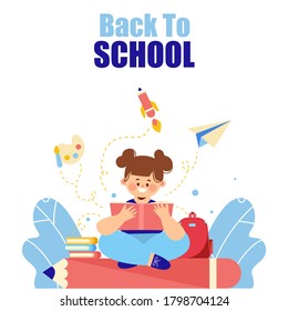 Back to school.Cute School Children. Creative design concept with school bag and education elements, books, pen, pencil, ruler, art and craft, galaxy. Vector illustration in cartoon style.