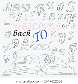 Back to school.Education scene with words,numbers and open book.Welcome back.Time for school.
