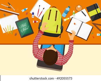 Back to school.Flat style. Distance education and learning. Online courses and web school. Knowledge and information. Study process. E-learning.Hands.