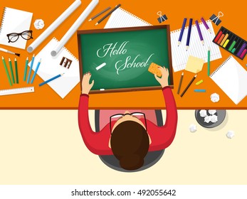 Back to school.Flat style. Distance education and learning. Online courses and web school. Knowledge and information. Study process. E-learning.Hands.