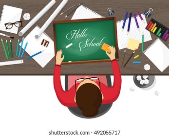 Back to school.Flat style. Distance education and learning. Online courses and web school. Knowledge and information. Study process. E-learning.Hands.