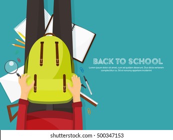 Back to school.Flat style. Distance education and learning. Online courses and web school. Knowledge and information. Study process. E-learning.Hands.