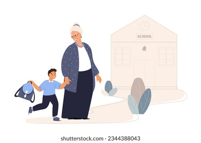 Back to School.Grandmother , Grandson going to the 1st school day.Granny Supporting her Kid Boy.Happy Primary Pupil schoolchild with schoolbag.Family Flat vector illustration isolated,white background