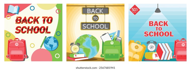 Back to school.Green backpack and school supplies. Books, pencils, rulers and alarm clocks. Back to school concept. Set flat vector illustration.