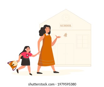 Back to School.Mother and Daughter Girl going to the 1st school day.Parent Support Kid.Happy Primary Pupil schoolchild with schoolbag..Bright family Flat vector illustration isolated,white background