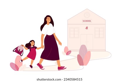 Back to School.Mother and Daughter Girl going to the 1st school day.Mother Supporting her Kid.Happy Primary Pupil schoolchild with schoolbag.Family Flat vector illustration isolated,white background