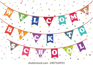 Back to schoolo flags and confetti background, welcome banner