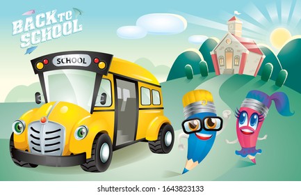 De vuelta al vector de la escuela. Con lindos personajes de dibujos animados y un autobús escolar. Antecedentes del escenario escolar.