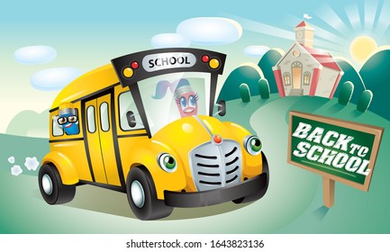 Back to school's vector. With cute cartoon characters and a school bus. School scenery background.