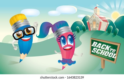 De vuelta al vector de la escuela. Con lindos personajes de caricatura. Antecedentes del escenario escolar.