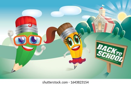 De vuelta al vector de la escuela. Con lindos personajes de caricatura. Antecedentes del escenario escolar.