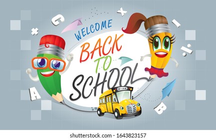 Back to school's vector. With cute cartoon characters. Education related elements background.