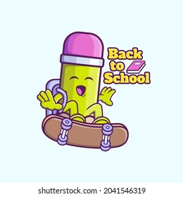 back to schools vector illustration with pencil mascot riding skateboard. Pencil Vector on flat design style. Good for schools mascot, student icon, sticker.