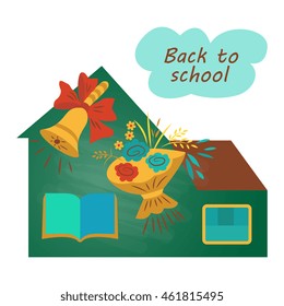 Back to School.school with bell, bouquet, book.