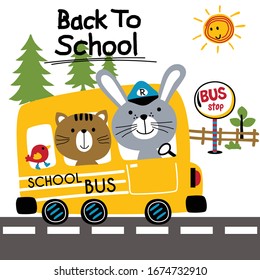 back to school,school bus,funny animal cartoon,vector illustration