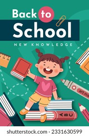 Back to School.School poster with cute girl and books. The girl sits on a stack of books and holds out a book.Elements and objects on school themes, vertical flat background.