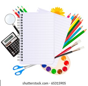 Back to school.Spiral notebook with school supplies. Vector.