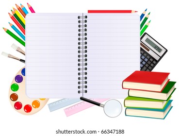 Back to school.Spiral notebook with school supplies. Vector.