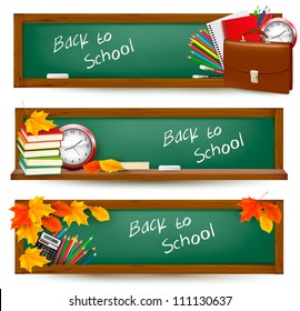 Back to school.Three banners with school supplies and autumn leaves. Vector.