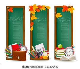  Back to school.Three banners with school supplies and autumn leaves. Vector.