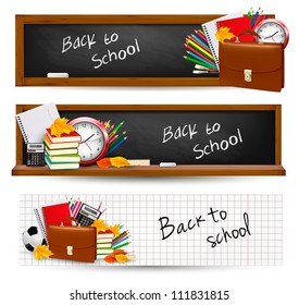 Back to school.Three banners with school supplies and autumn leaves. Vector.