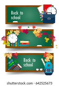 Back to school.Three banners with school supplies and autumn leaves. Vector.