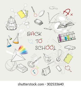 Back to scool bacground, sketched school supplies