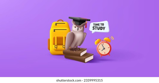 Back to scool banner with 3d illustration of owl in graduation hat sitting on books with backpack and clock and speech bubble, education