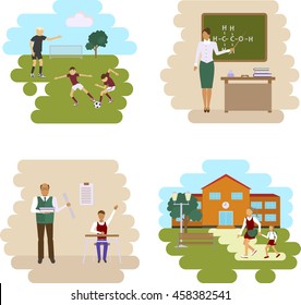 Back to scool concept. Set of Isolated illustrations of school building, stadium and class room with students children in flat design. Teachers and pupils in different poses. Vector eps1