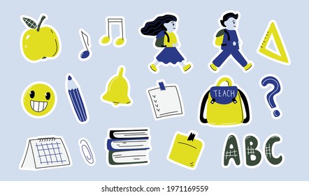 Back to Scool Doodles.Back to school doodles filled with color, vector illustration. Stickers flat design