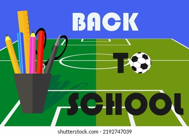 Back To Scool Football Style Back To School Creative Banner. With Pencils - Stadion Backgraund, Vector Illustration.Back To School In Violet Backgraund