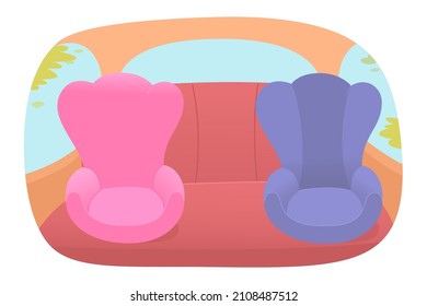 Back seats for kids inside car vector illustration. Cartoon salon interior of automobile with windows, pink and blue baby chairs for small passengers. Safe family transportation, travel concept